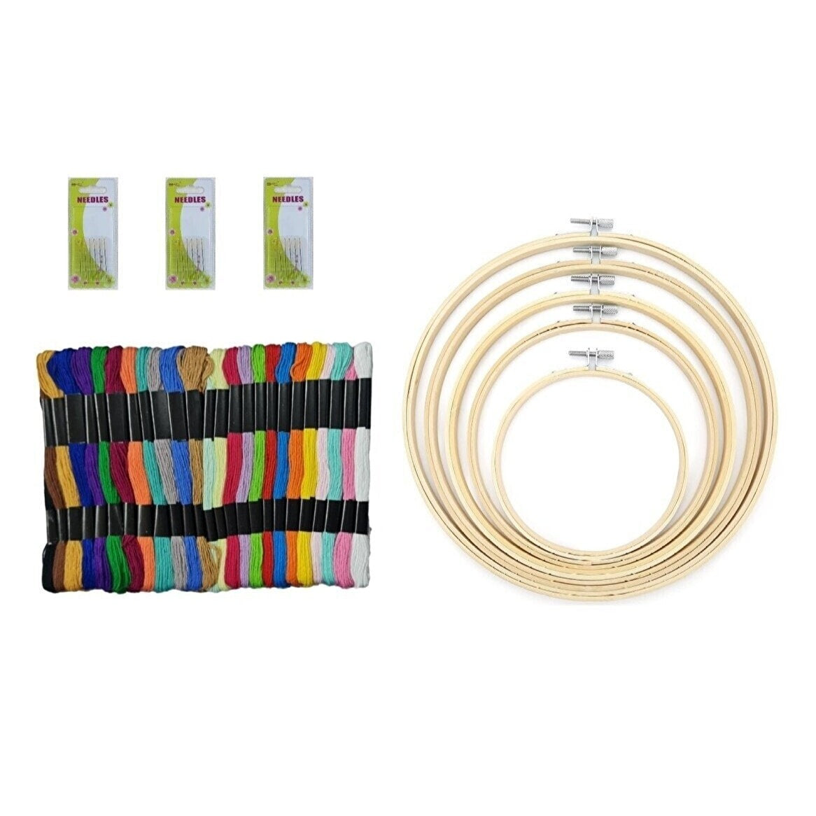Muline Iplik Seti 100 Adet Çile, 18 adet Etamin İğnesi, 5 Adet Bambu Kasnak