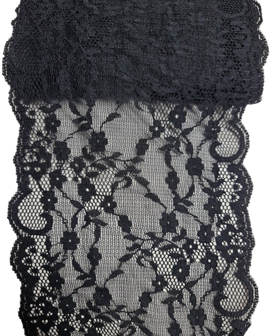 Siyah 15cm Eninde Likralı Dantel (10 Metrelik Top) Papatya Desenli Dantel