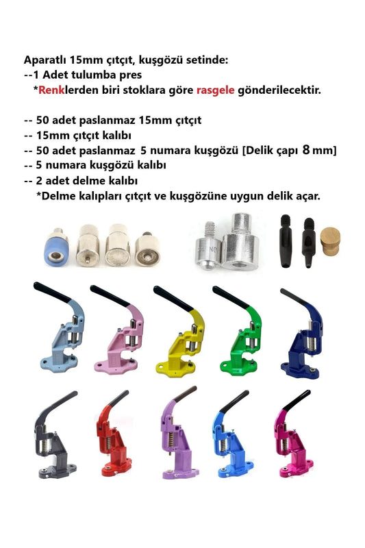 Tulumba Pres, 50 Takım 15mm Çıtçıt, No5 Kuşgözü Seti. Paslanmaz, Kutulu, Delme Ve Çakma Aparatları