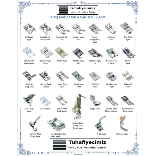 32 Parça Ev Tipi Dikiş Makine Ayak Seti (Brother, Singer, Janome Zetina, Juki, Bernette vb)