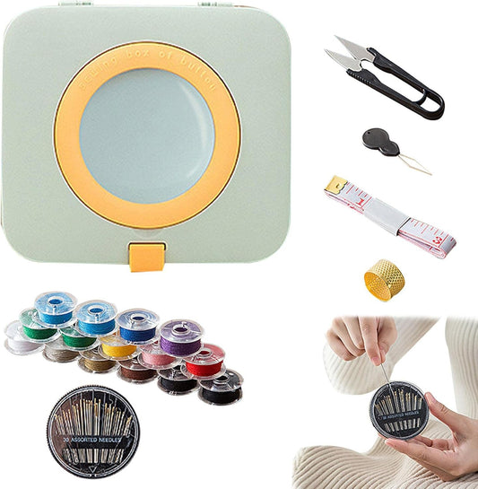 Büyüteçli Dikiş Kutusu (50 Parça) Yüksük, İplik Geçirici, Makas, Mezura, 30 adet Dikiş İğnesi