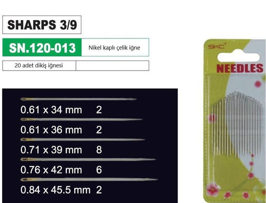 20 Adet Çelik El Dikiş İğnesi Sıralı Karışık Uzunluklarda (120013)