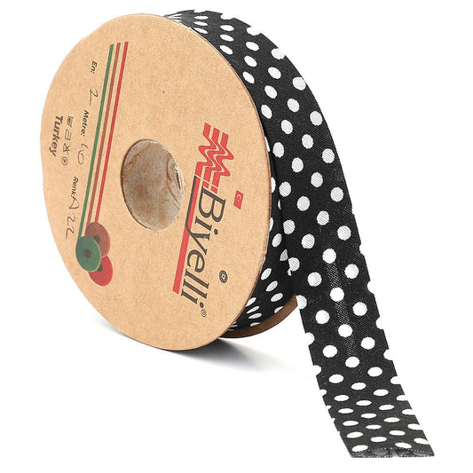 Black Polka Dot Cotton (Coton) Bias 2cm width 25mt (A22)