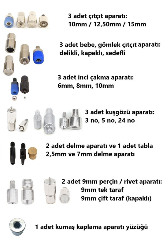 Inci, Çıtçıt, Klikit, Rivet, Kuşgözü Takma Kalıplarıyla Kapsamlı Tulumba Pres Seti (18 Kalıp)