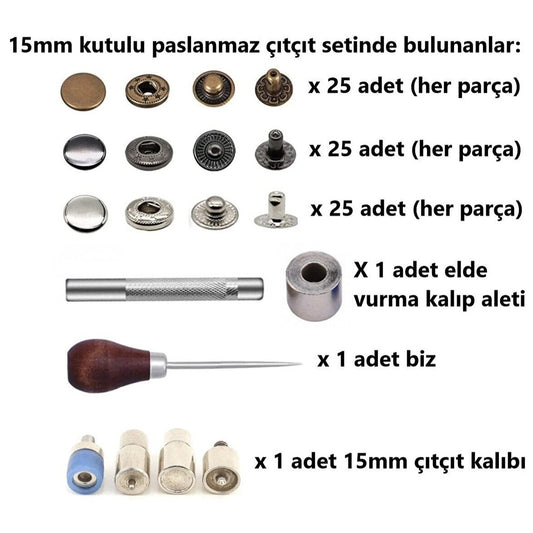 75 Adet 15mm Kutulu Paslanmaz Çıtçıt Yapım Seti - Aparatlar, Biz Ve 75 Takım Paslanmaz Çıtçıt