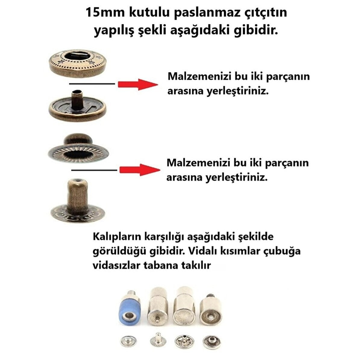 75 Adet 15mm Kutulu Paslanmaz Çıtçıt Yapım Seti - Aparatlar, Biz Ve 75 Takım Paslanmaz Çıtçıt