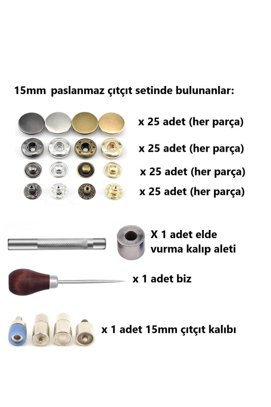 100 Adet 15mm Paslanmaz 4 Renk Alfa Çıtçıt Yapım Seti - Aparatlar, Biz Ve 100 Takım Çıtçıt
