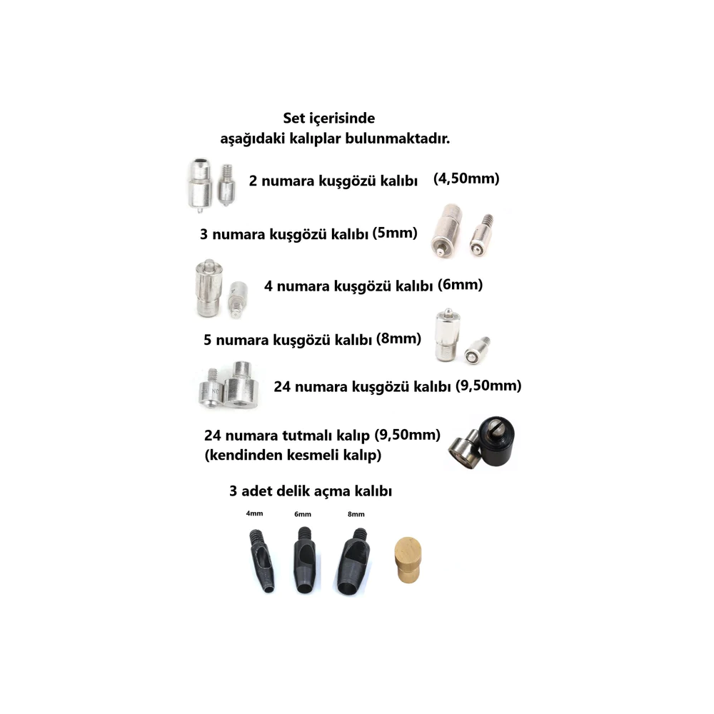 Tulumba Press, Eyelet, Snap Button, Rivet Fastening, Button Coating Machine (large set with 13 molds)