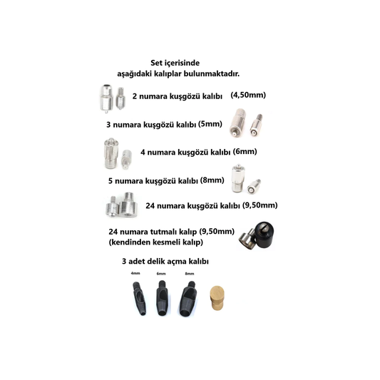 Tulumba Press, Eyelet, Snap Button, Rivet Fastening, Button Coating Machine (large set with 13 molds)