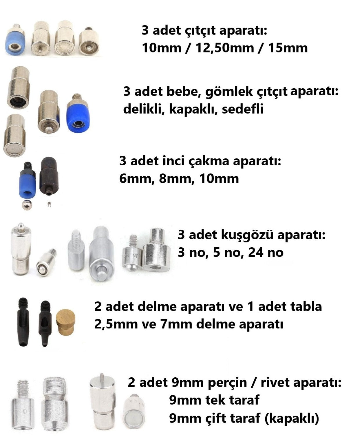 Tulumba Press, Eyelet, Snap Button, Rivet Fastening, Button Coating Machine (large set with 13 molds)