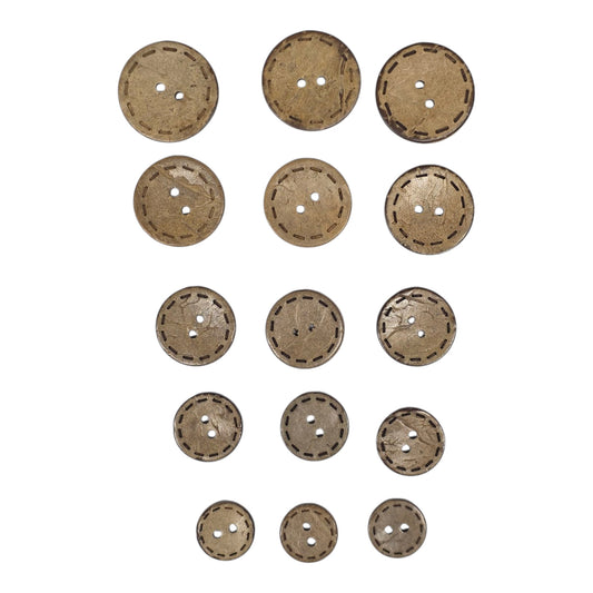 Coconut Düğme Çeşitleri  24L (15 mm) – 40L (25 mm) Ebatlar • 	Hindistan Cevizi Düğmeleri  Üstten Delikli