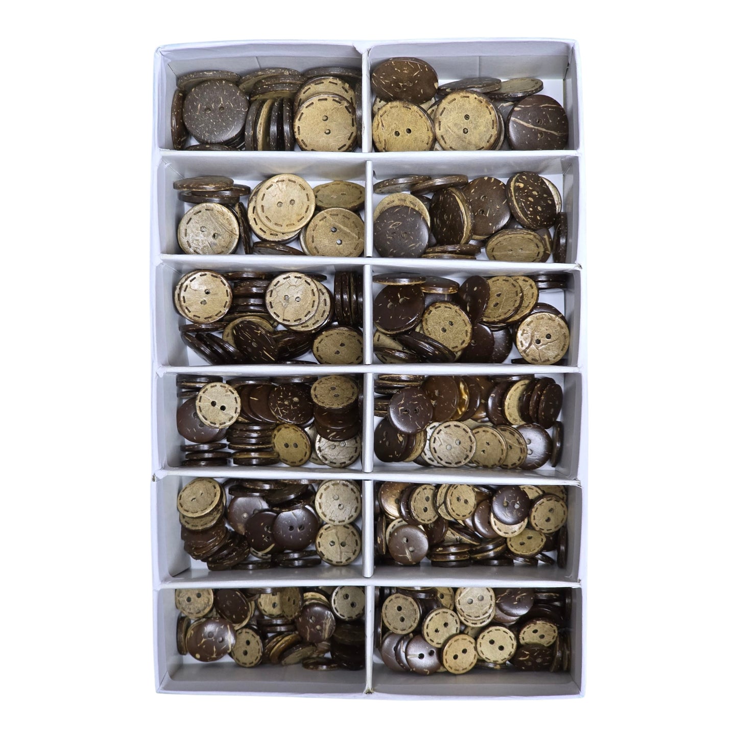 Coconut Düğme Çeşitleri  24L (15 mm) – 40L (25 mm) Ebatlar • 	Hindistan Cevizi Düğmeleri  Üstten Delikli