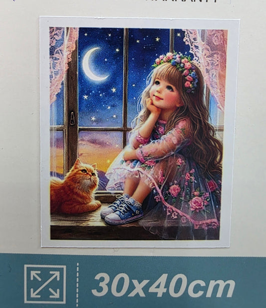 Boncuklu Taşlı Mozaik Elmas Goblen Tablo Resim Pano (30cmx40cm) Hilal, Kedi, Küçük Kız 91071