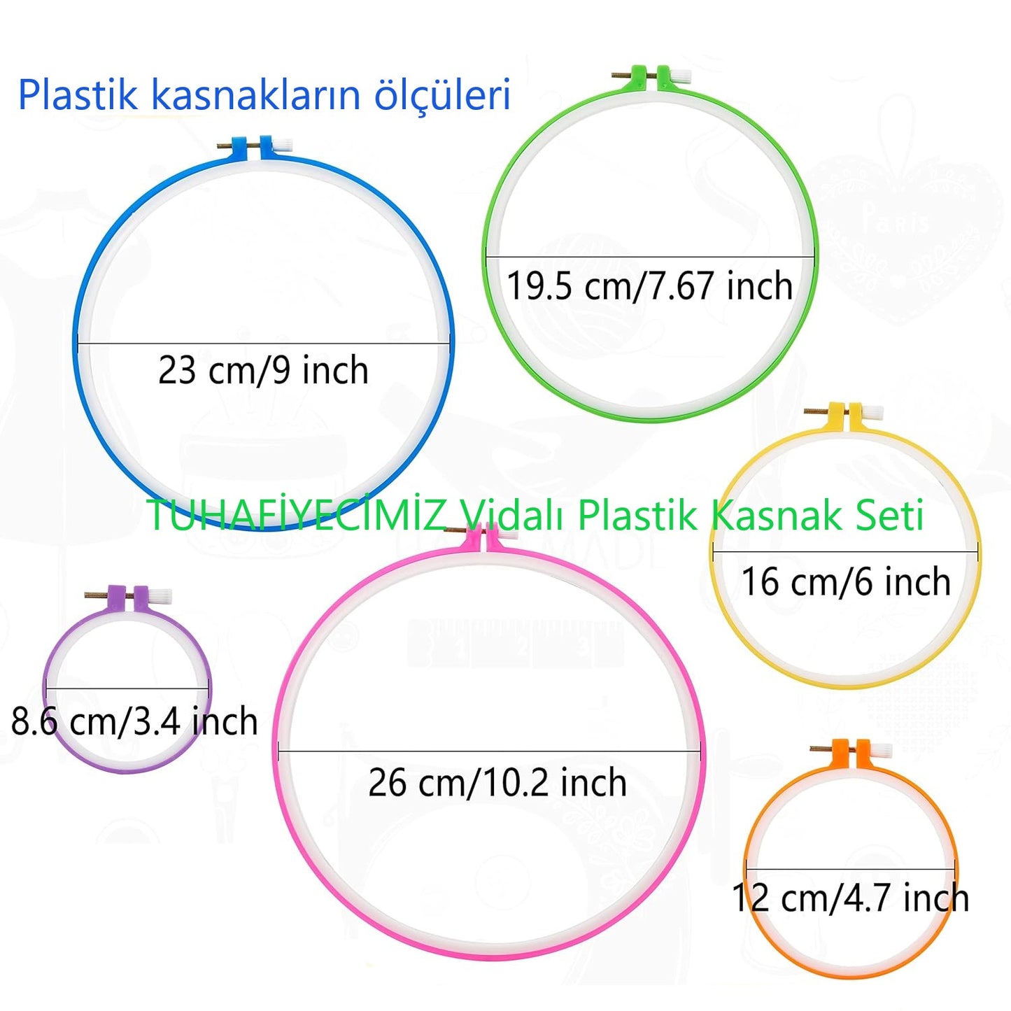 🧵 Renkli Plastik Nakış Kasnak Seti – 6 Boy Kasnak