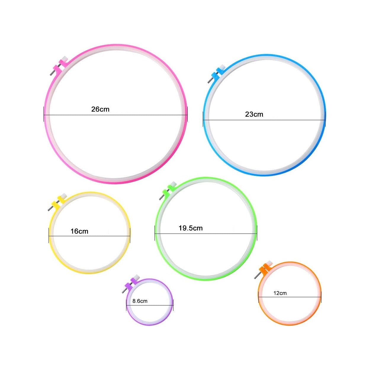 🧵 Renkli Plastik Nakış Kasnak Seti – 6 Boy Kasnak