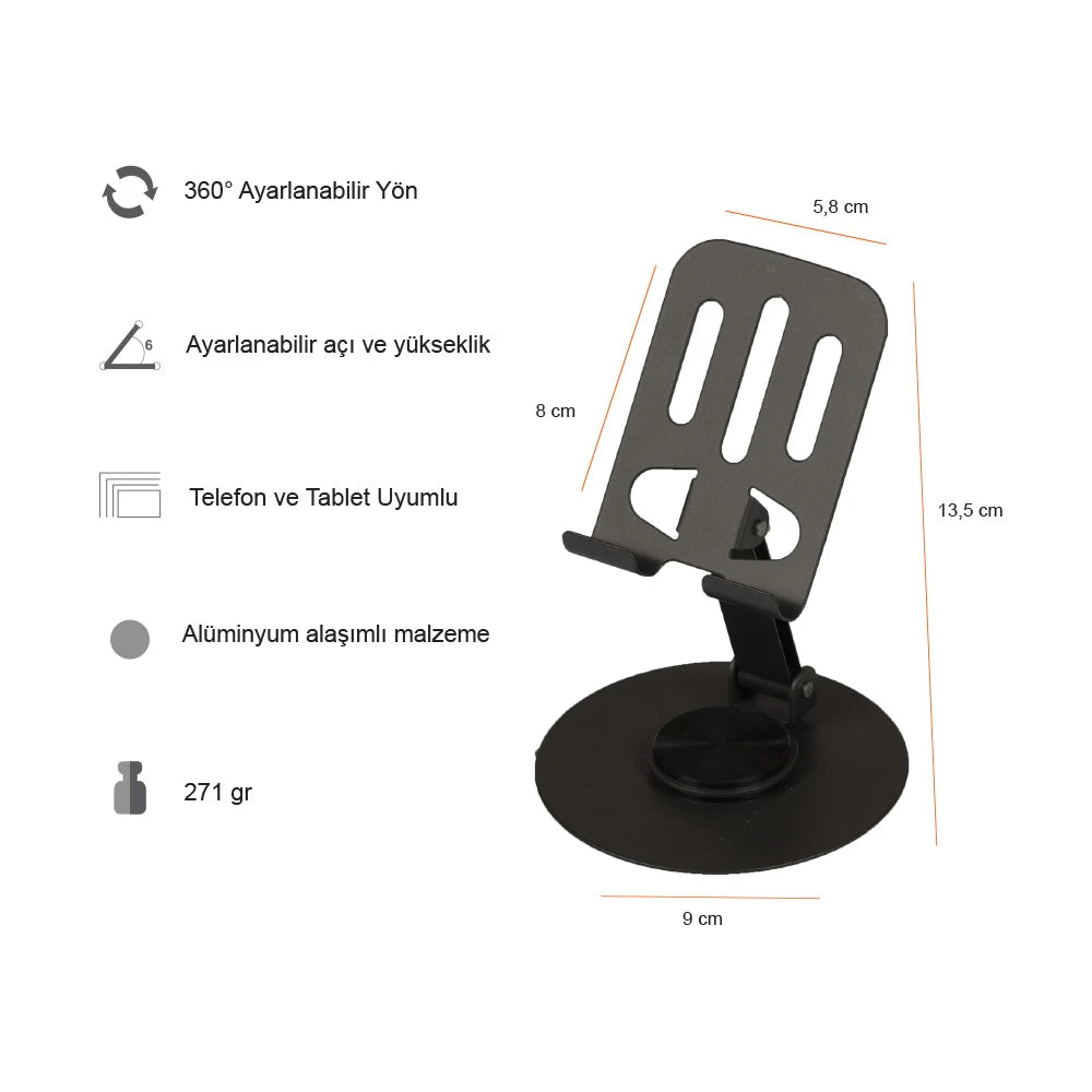 360° Ayarlanabilir Katlanır Taşınır Masaüstü Metal Telefon Tutucu BA162