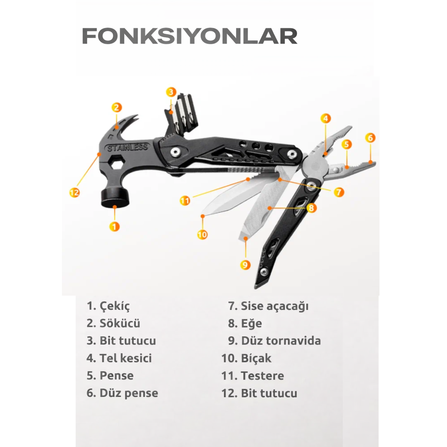 12 Fonksiyonlu Pense, Çekiç (BA210)