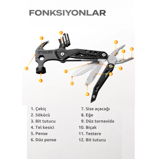 12 Fonksiyonlu Pense, Çekiç (BA210)