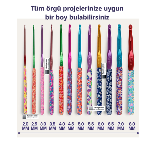 Çiçek Desenli Tığ Seti – 12 Parça Ergonomik Saplı Tığlar (2mm–8mm)