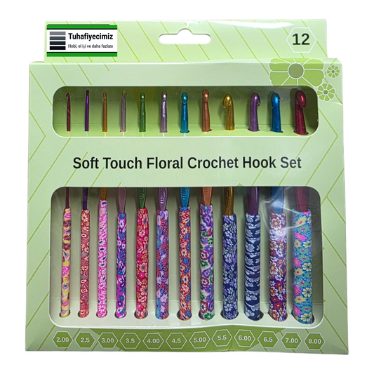 Çiçek Desenli Tığ Seti – 12 Parça Ergonomik Saplı Tığlar (2mm–8mm)