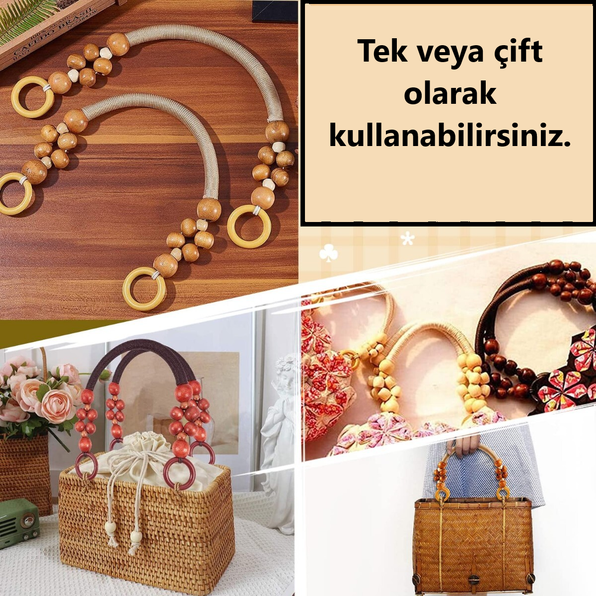 Ahşap Boncuklu Çanta Sapı  (Tek adet) (44cm)