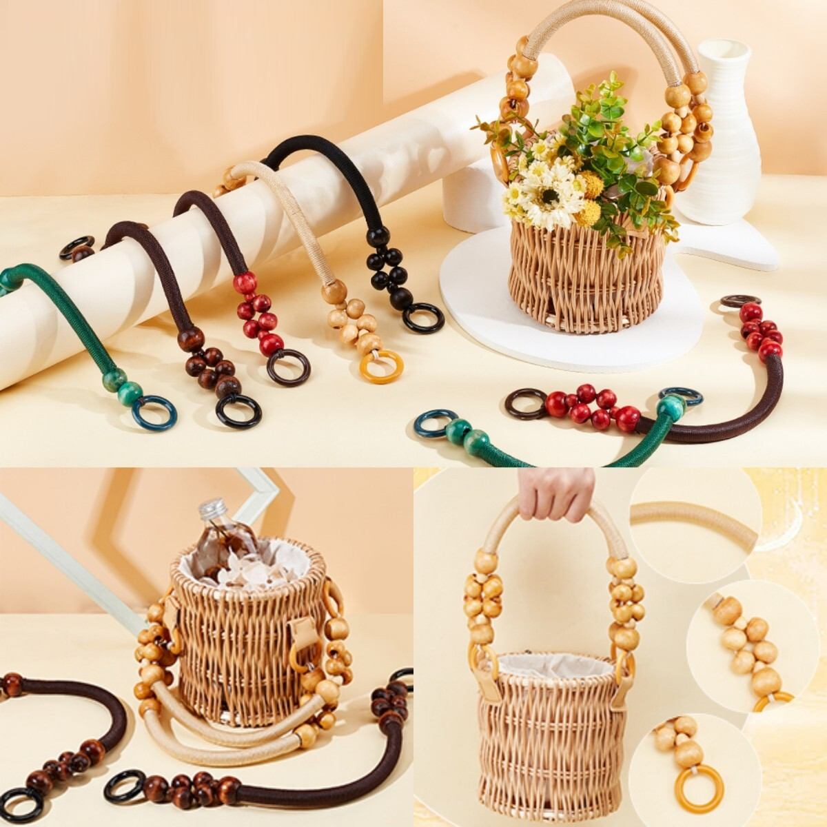 Ahşap Boncuklu Çanta Sapı  (Tek adet) (44cm)