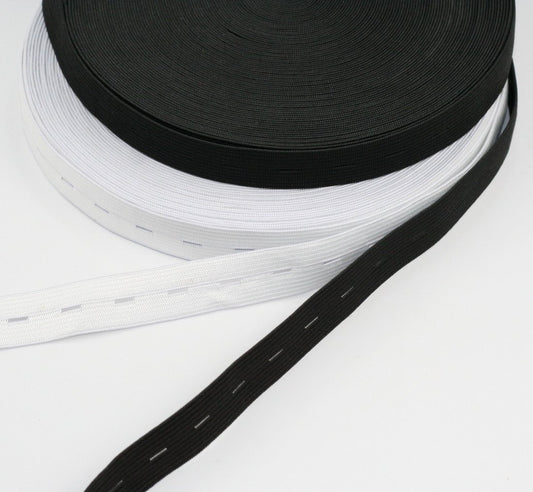 Buttonhole Elastic, Perforated Elastic. 2cm wide. (in 5, 10 or 25 meter balls)