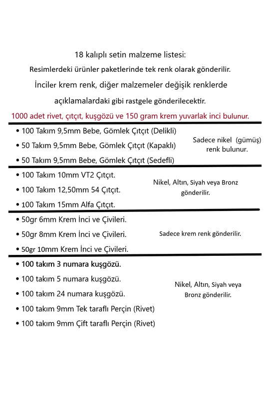 Tulumba Pres Malzeme Seti.  [18 Kalıplı Set Malzemeleri] (1000 parça ve 150 gr. İnci)