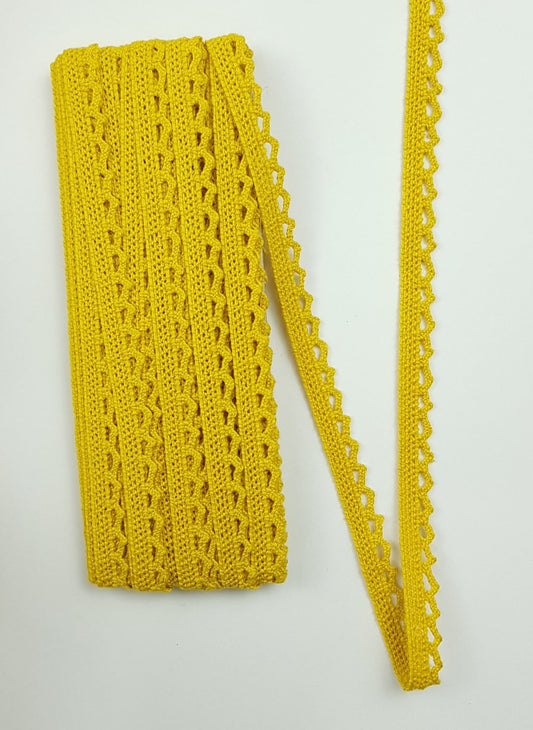 Цветное хлопковое кружево 10 мм (1 см) - 10 метров в мотках. (1002/желтый)